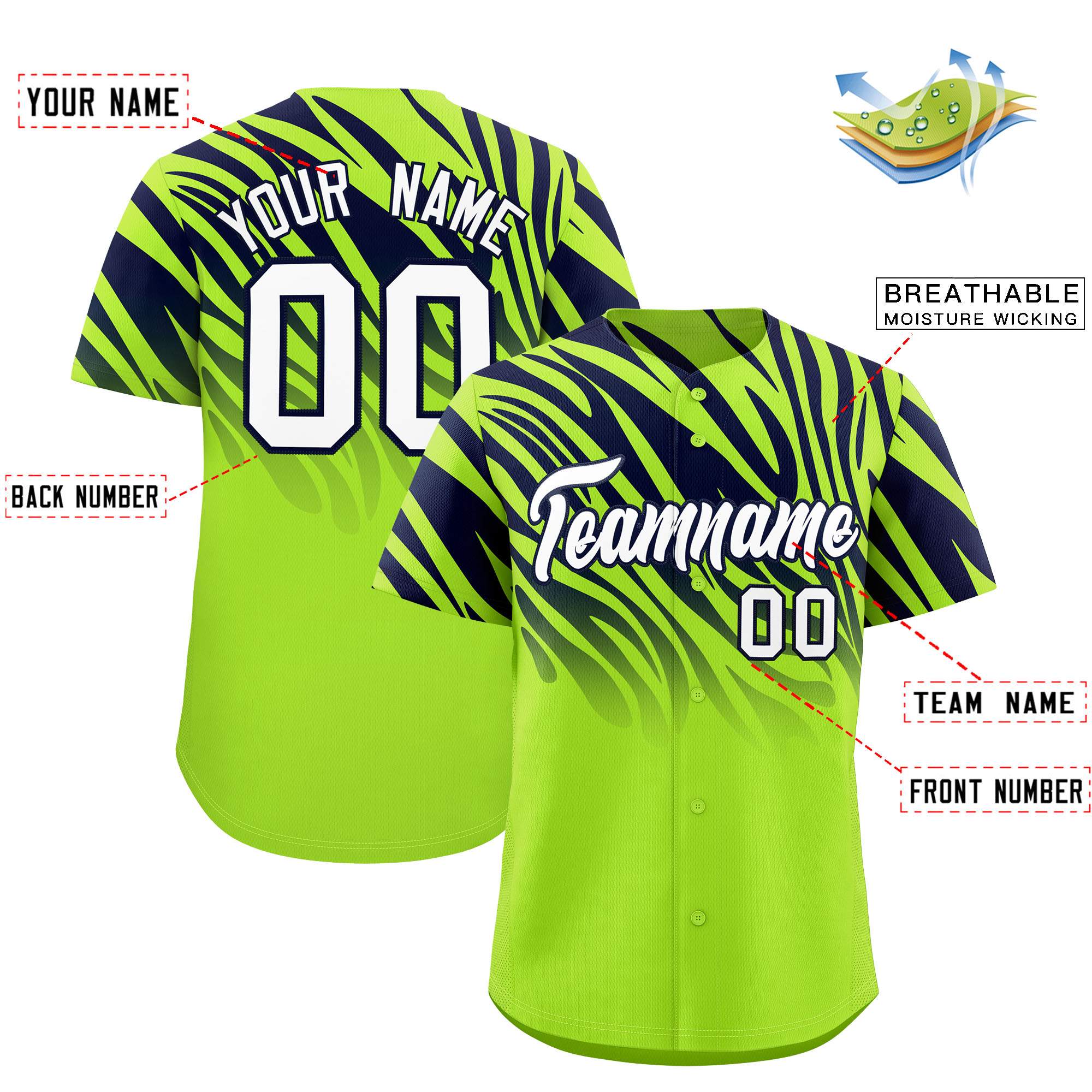 Custom Neon Green Navy Tiger Stripe Gradient Animal Print Personalized Team Shirt Baseball Jersey