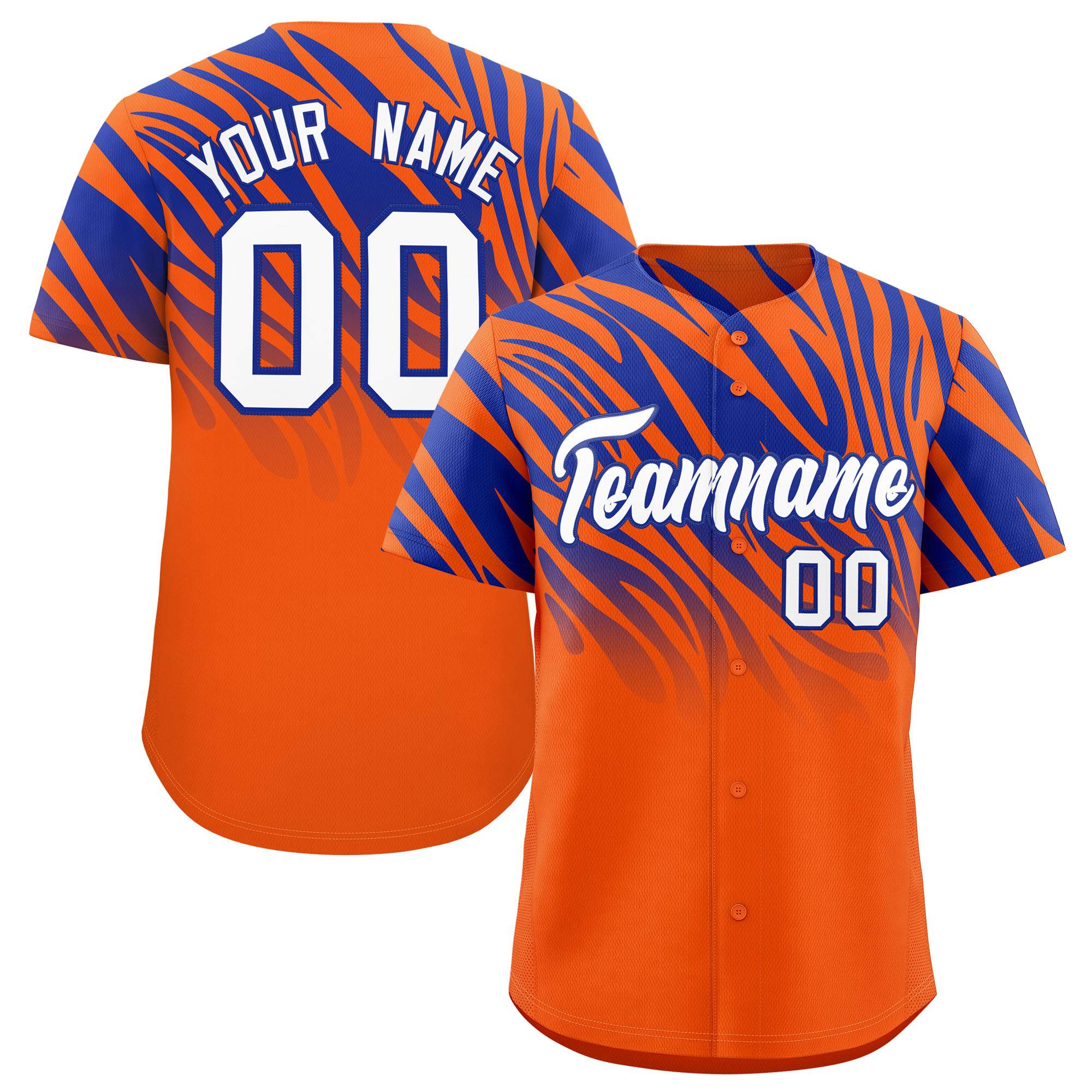 Custom Orange Royal Tiger Stripe Gradient Animal Print Personalized Team Shirt Baseball Jersey