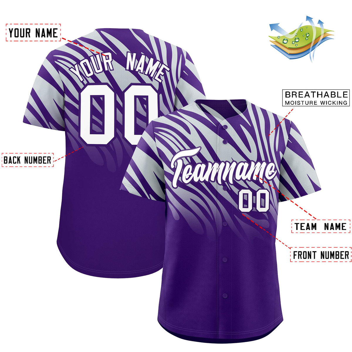 Custom Purple Silver Tiger Stripe Gradient Animal Print Personalized Team Shirt Baseball Jersey