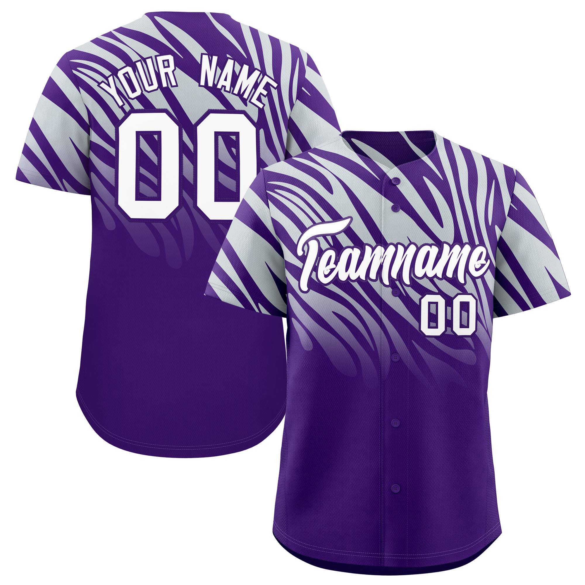 Custom Purple Silver Tiger Stripe Gradient Animal Print Personalized Team Shirt Baseball Jersey