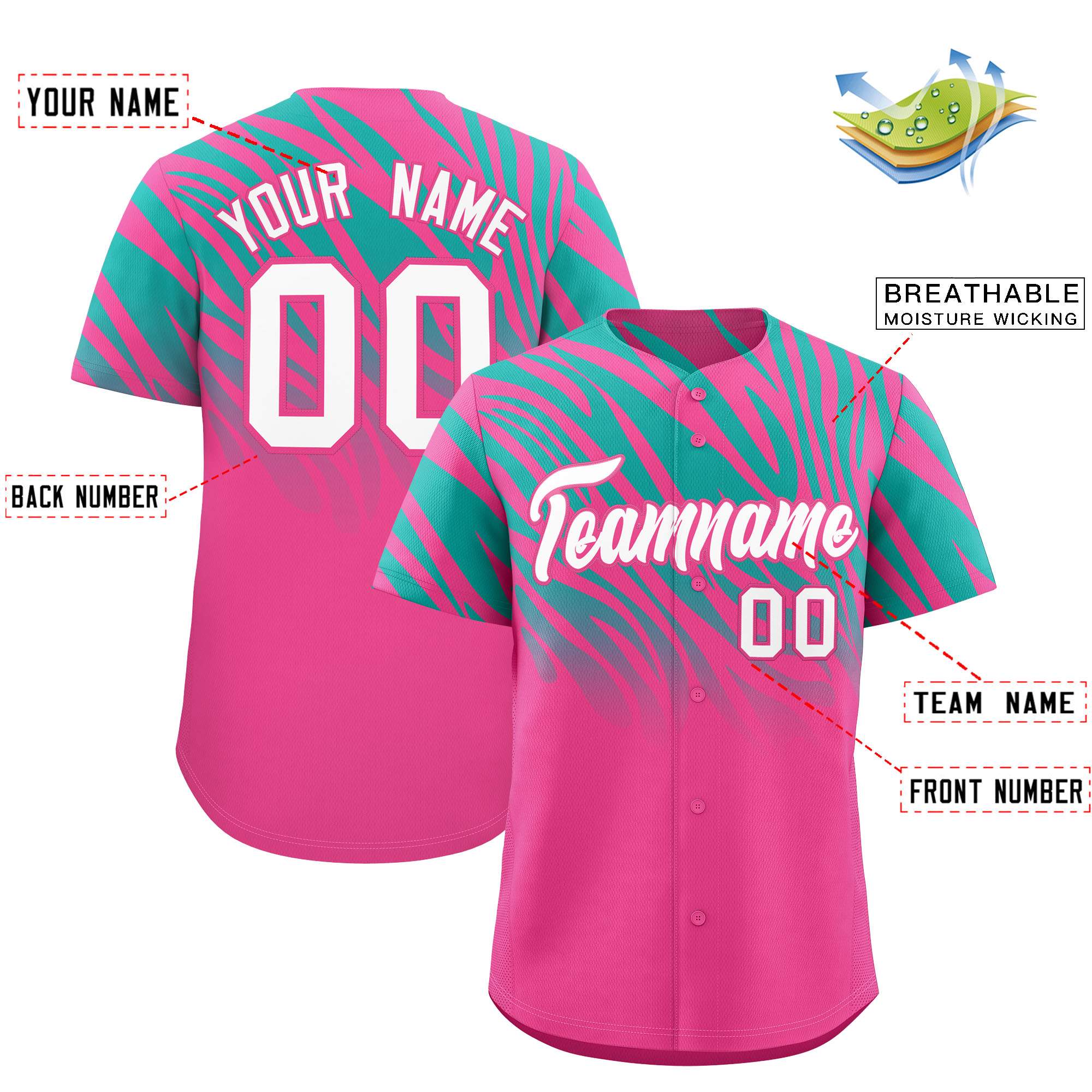 Custom Pink Aqua Tiger Stripe Gradient Animal Print Personalized Team Shirt Baseball Jersey