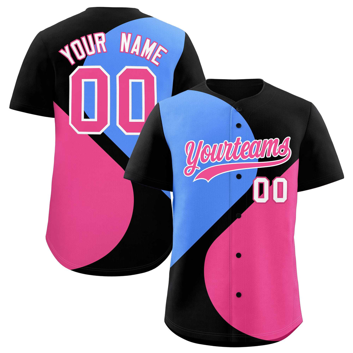 Custom Black Powder Blue-Pink Color Block Personalized Half Heart Pattern Authentic Baseball Jersey| KXKSHOP