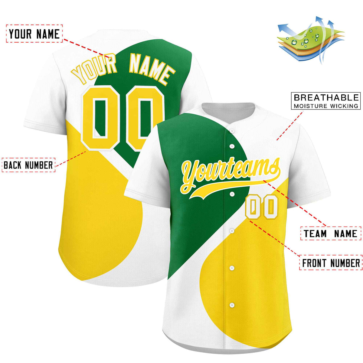 Custom White Kelly Green-Gold Color Block Personalized Half Heart Pattern Authentic Baseball Jersey| KXKSHOP