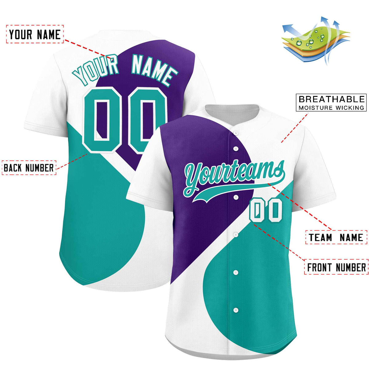 Custom White Purple-Aqua Color Block Personalized Half Heart Pattern Authentic Baseball Jersey| KXKSHOP