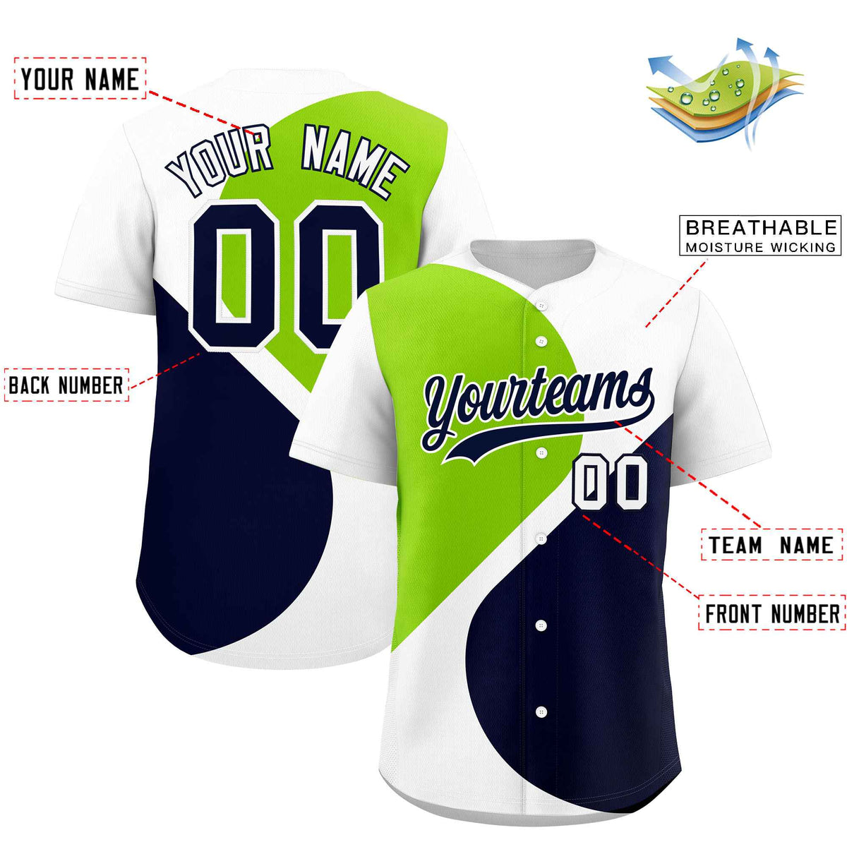 Custom White Neon Green-Navy Color Block Personalized Half Heart Pattern Authentic Baseball Jersey| KXKSHOP