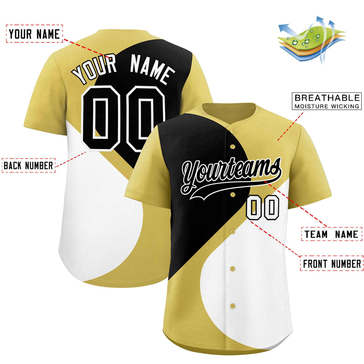 Custom Old Gold Black-White Color Block Personalized Half Heart Pattern Authentic Baseball Jersey| KXKSHOP