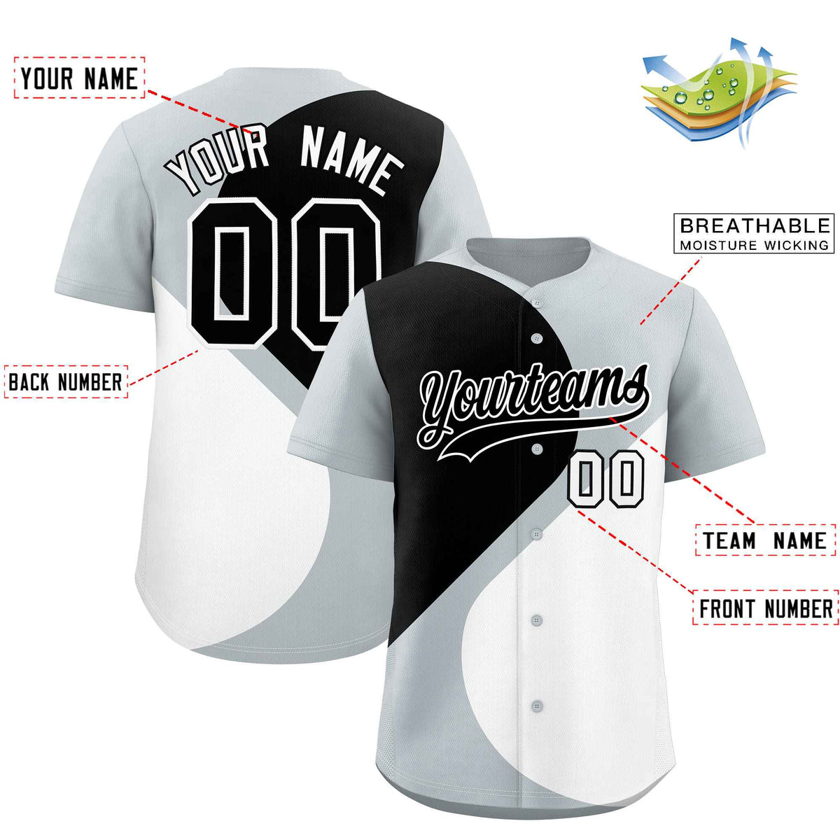 Custom Silver Black-White Color Block Personalized Half Heart Pattern Authentic Baseball Jersey| KXKSHOP