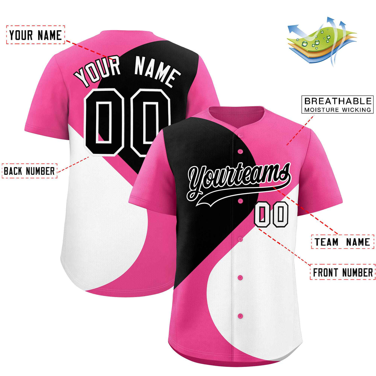Custom Pink Black-White Color Block Personalized Half Heart Pattern Authentic Baseball Jersey| KXKSHOP
