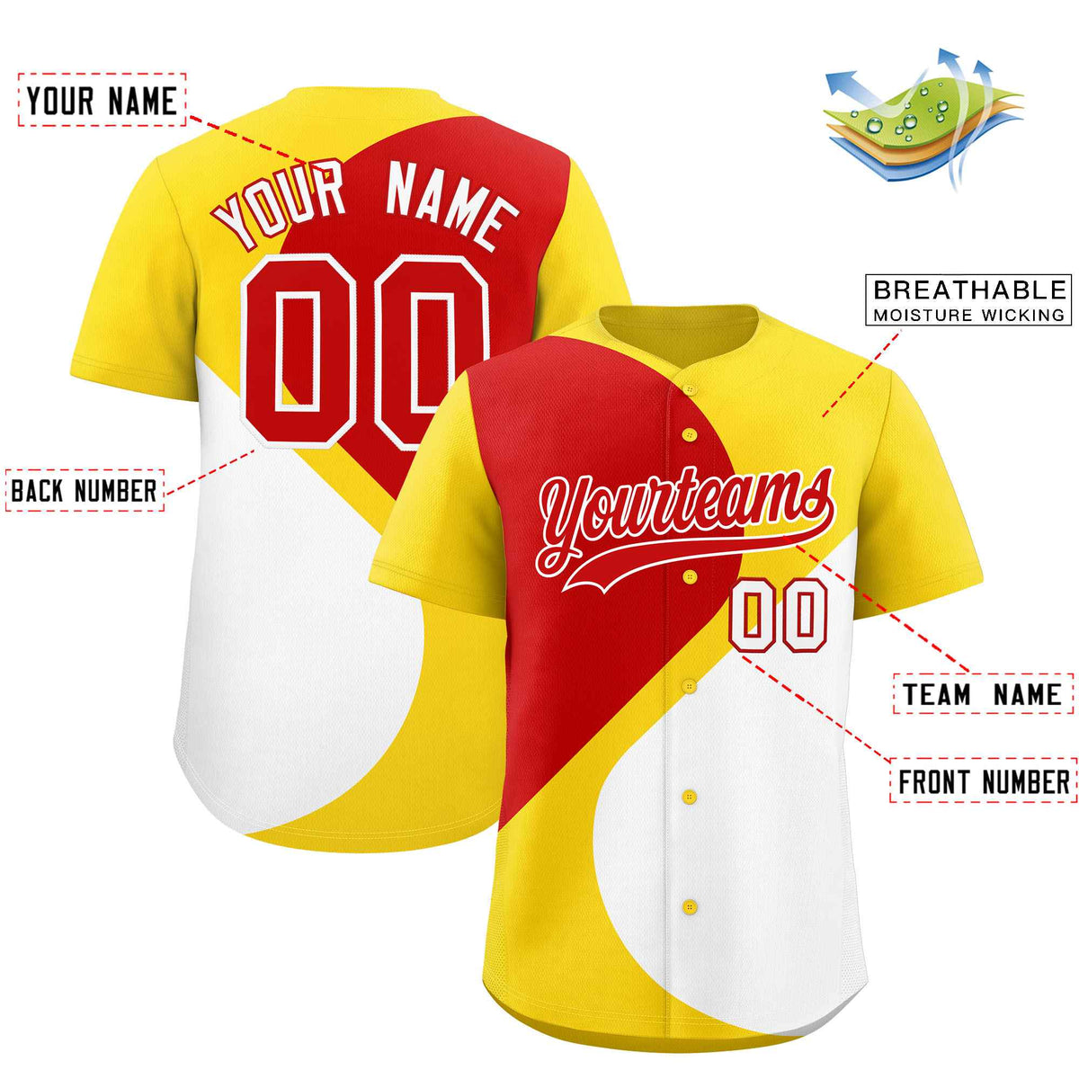 Custom Gold Red-White Color Block Personalized Half Heart Pattern Authentic Baseball Jersey| KXKSHOP