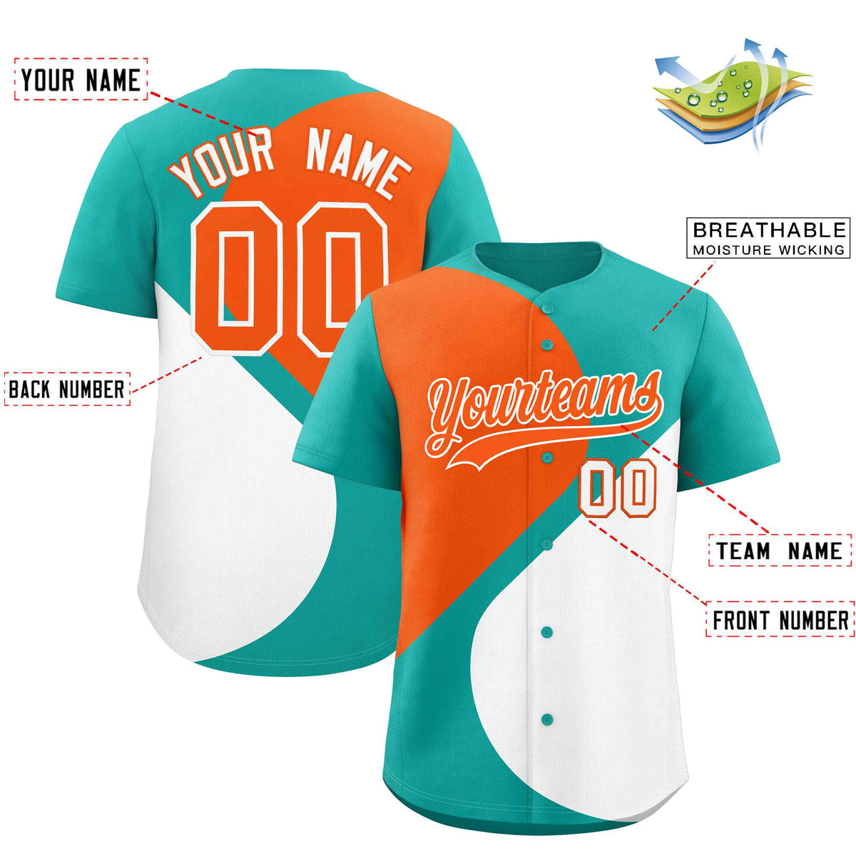 Custom Aqua Orange-White Color Block Personalized Half Heart Pattern Authentic Baseball Jersey| KXKSHOP