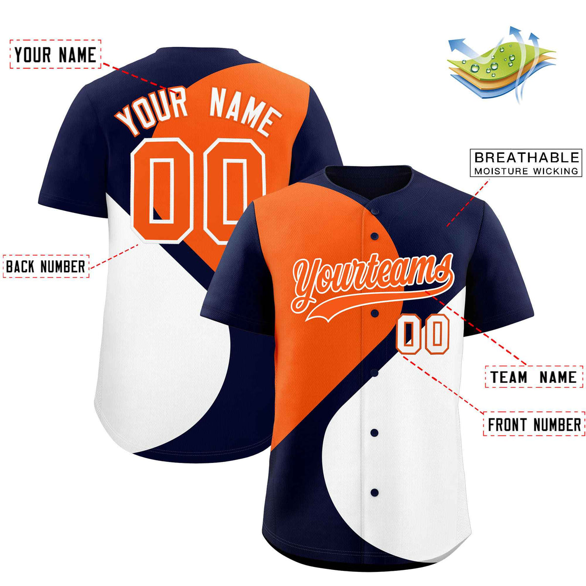 Custom Navy Orange-White Color Block Personalized Half Heart Pattern Authentic Baseball Jersey| KXKSHOP