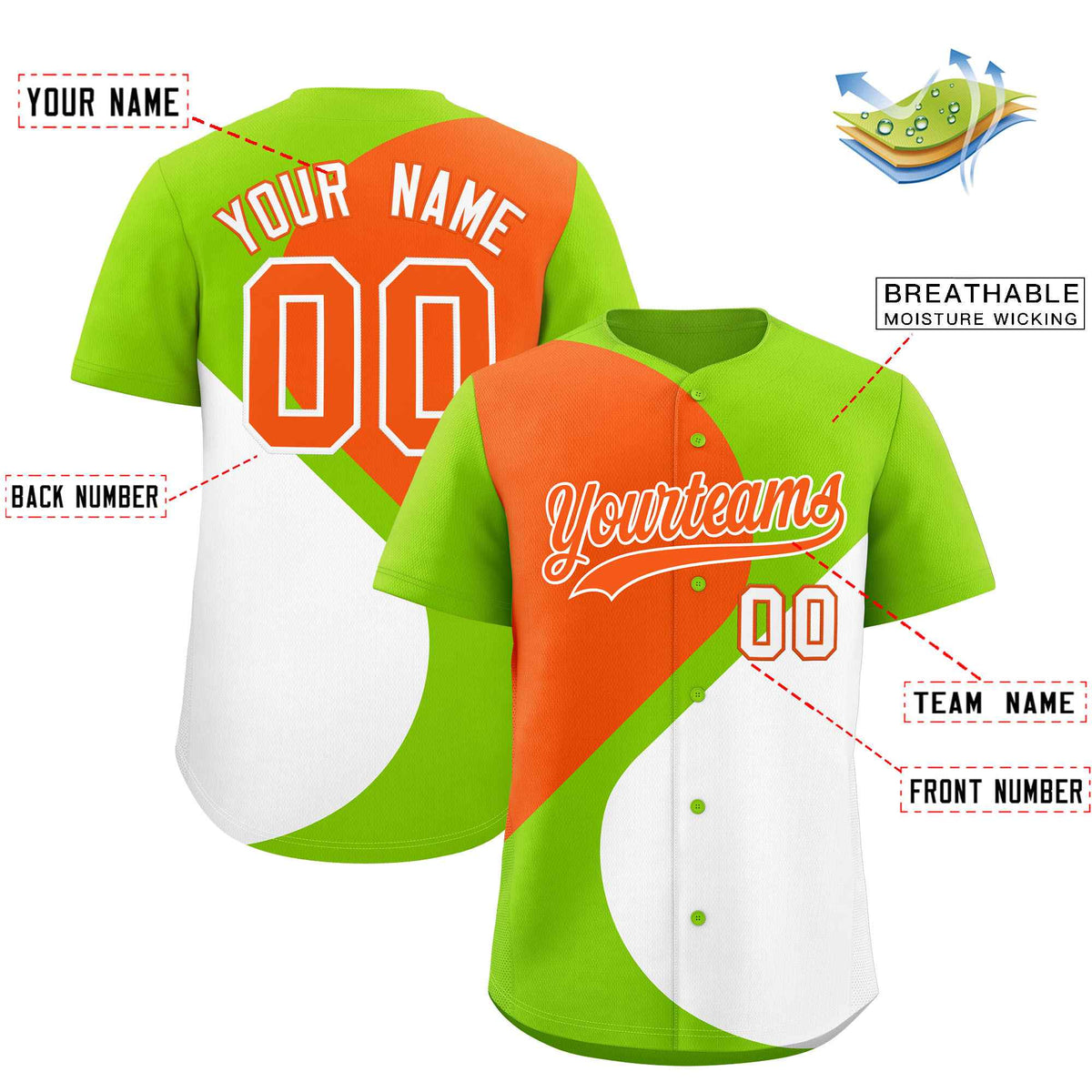 Custom Neon Green Orange-White Color Block Personalized Half Heart Pattern Authentic Baseball Jersey| KXKSHOP