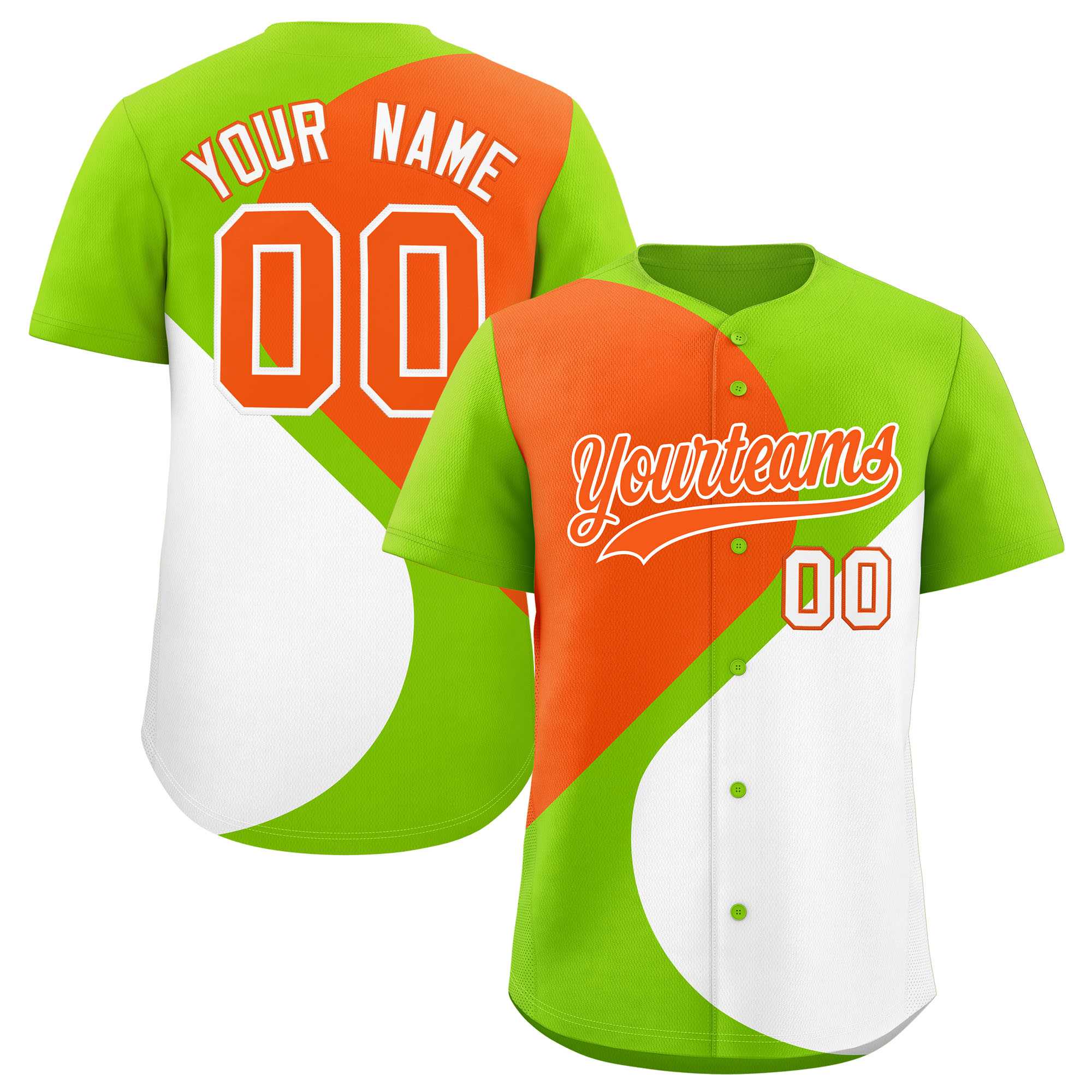 Custom Neon Green Orange-White Color Block Personalized Half Heart Pattern Authentic Baseball Jersey| KXKSHOP