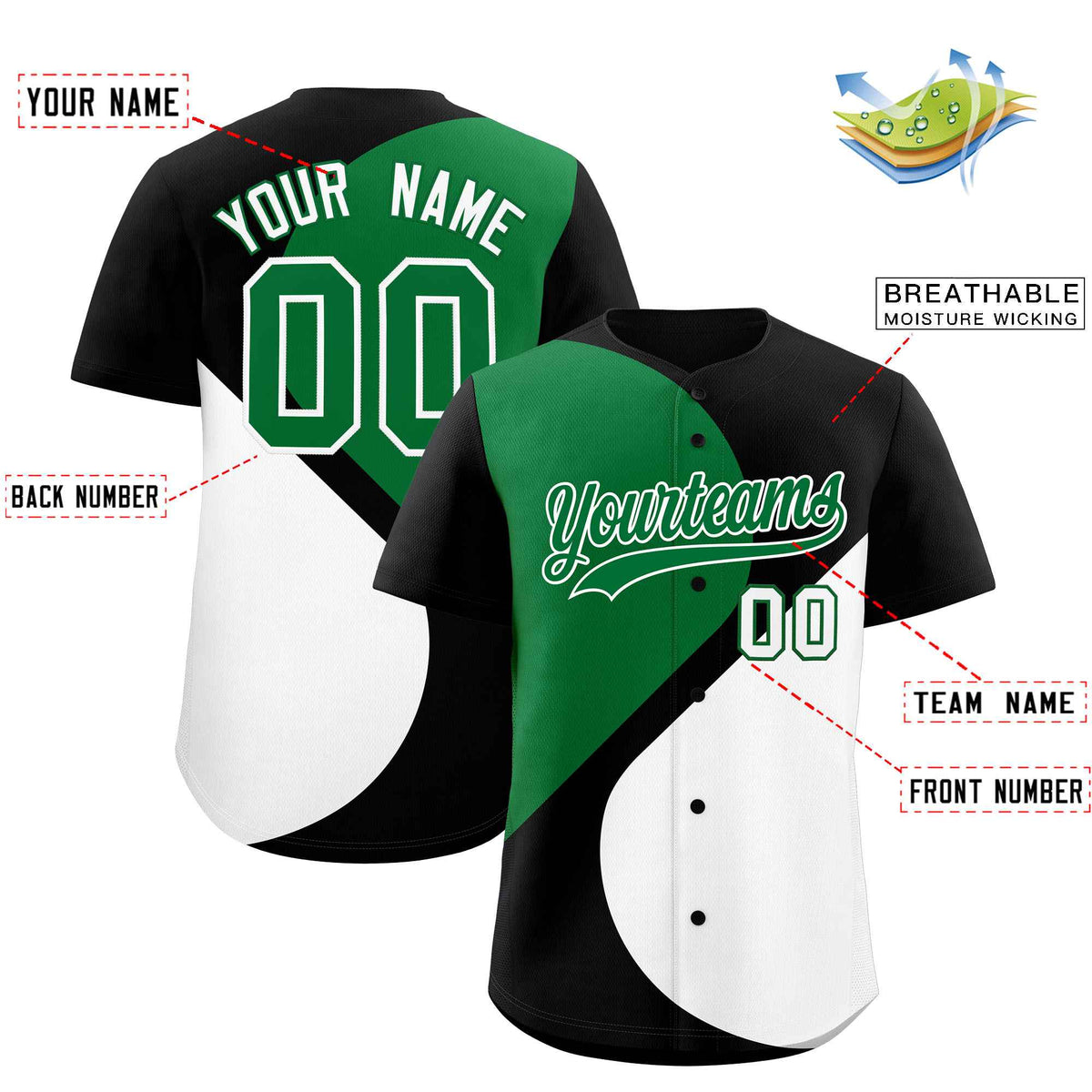 Custom Black Kelly Green-White Color Block Personalized Half Heart Pattern Authentic Baseball Jersey| KXKSHOP