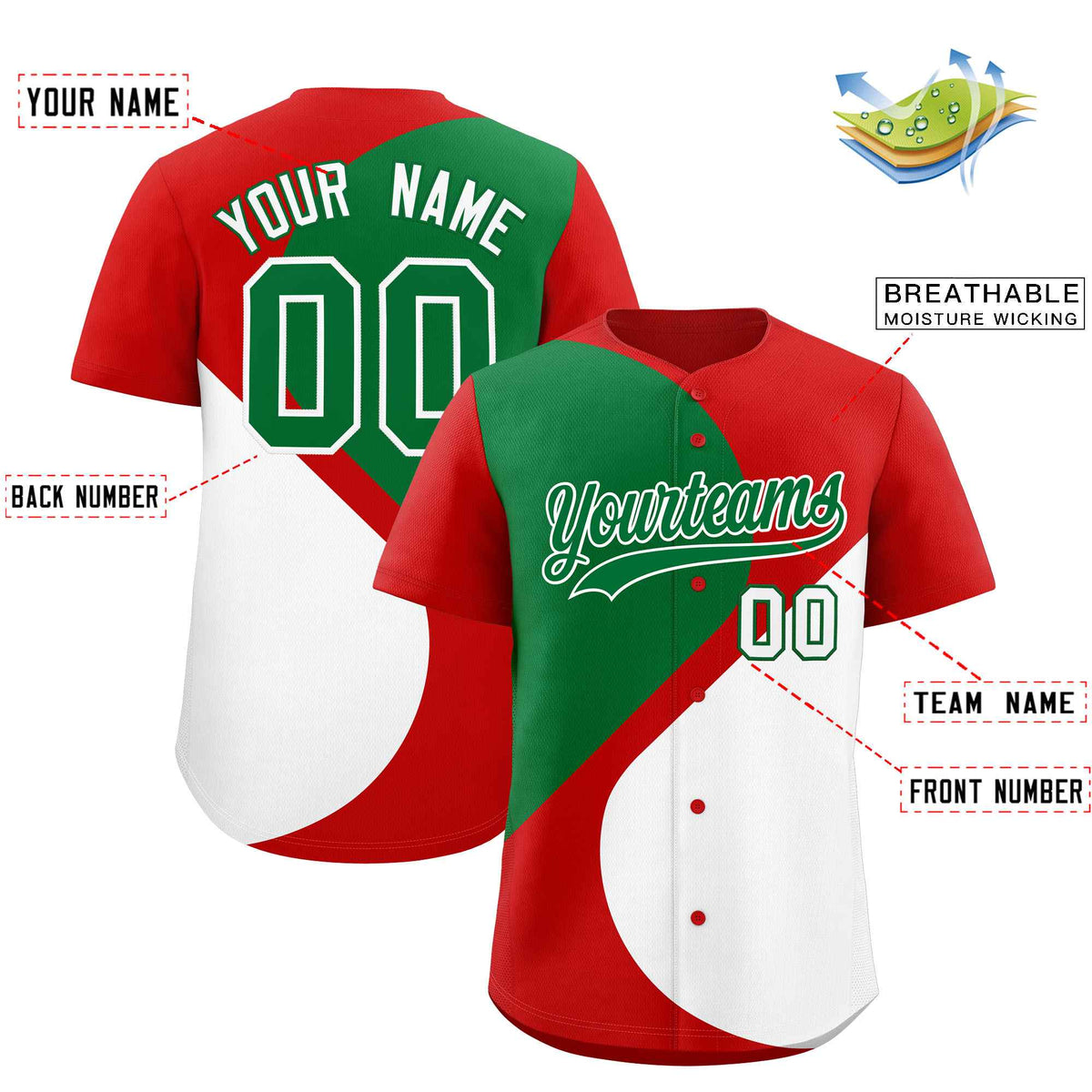 Custom Red Kelly Green-White Color Block Personalized Half Heart Pattern Authentic Baseball Jersey| KXKSHOP