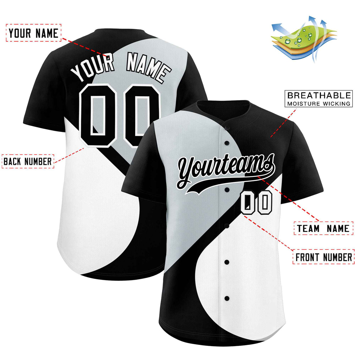 Custom Black Silver-White Color Block Personalized Half Heart Pattern Authentic Baseball Jersey| KXKSHOP