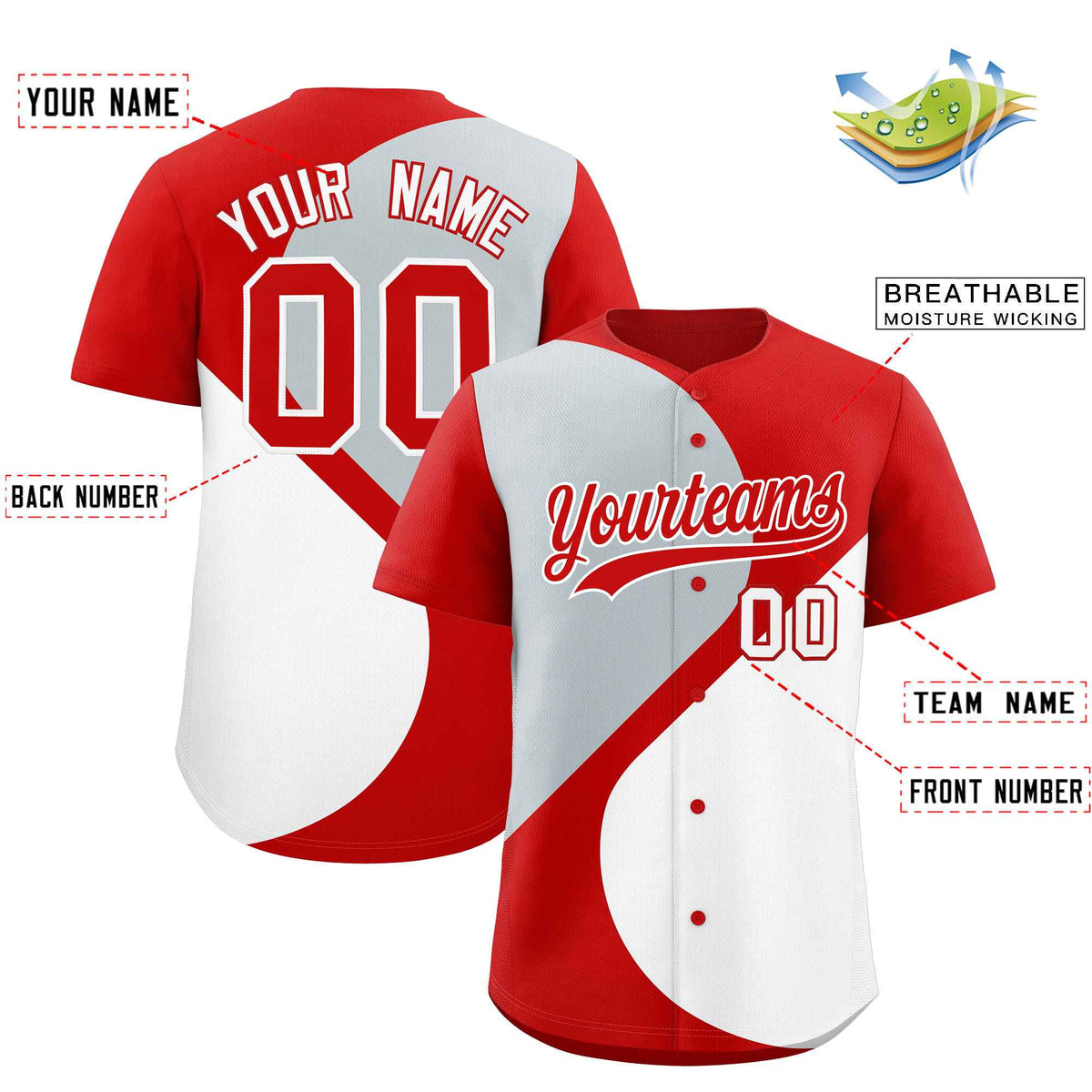 Custom Red Silver-White Color Block Personalized Half Heart Pattern Authentic Baseball Jersey| KXKSHOP