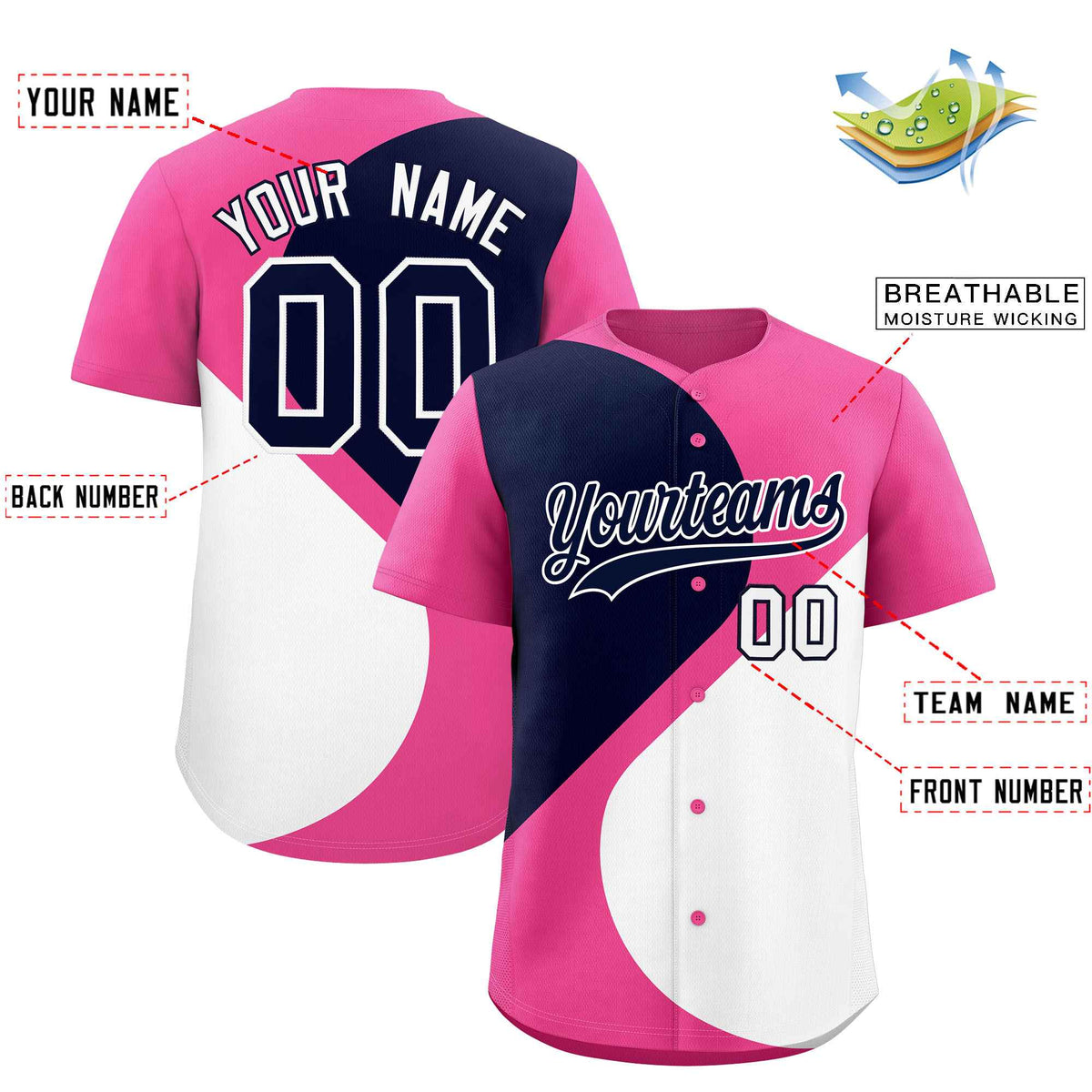 Custom Pink Navy-White Color Block Personalized Half Heart Pattern Authentic Baseball Jersey| KXKSHOP