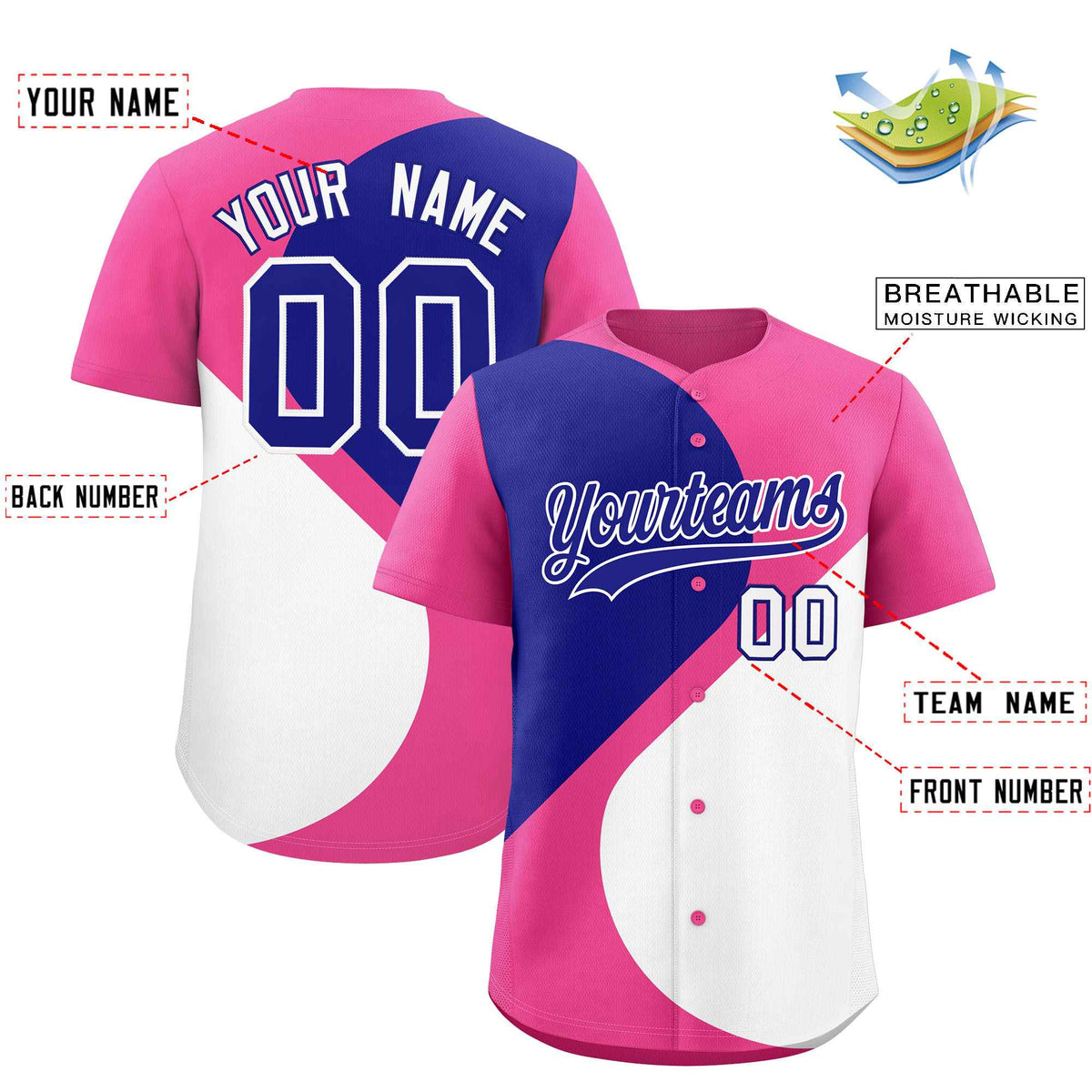 Custom Pink Royal-White Color Block Personalized Half Heart Pattern Authentic Baseball Jersey| KXKSHOP