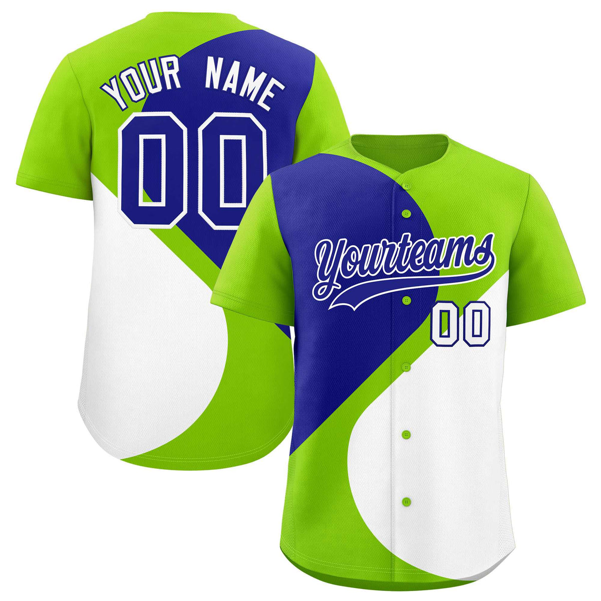 Custom Neon Green Royal-White Color Block Personalized Half Heart Pattern Authentic Baseball Jersey| KXKSHOP
