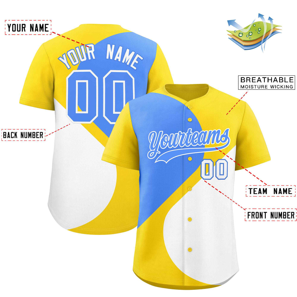 Custom Gold Powder Blue-White Color Block Personalized Half Heart Pattern Authentic Baseball Jersey| KXKSHOP