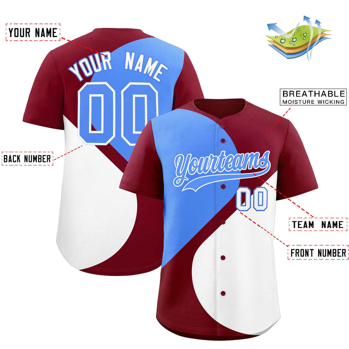 Custom Crimson Powder Blue-White Color Block Personalized Half Heart Pattern Authentic Baseball Jersey| KXKSHOP
