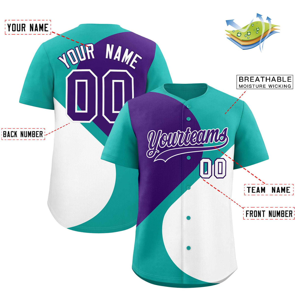 Custom Aqua Purple-White Color Block Personalized Half Heart Pattern Authentic Baseball Jersey| KXKSHOP