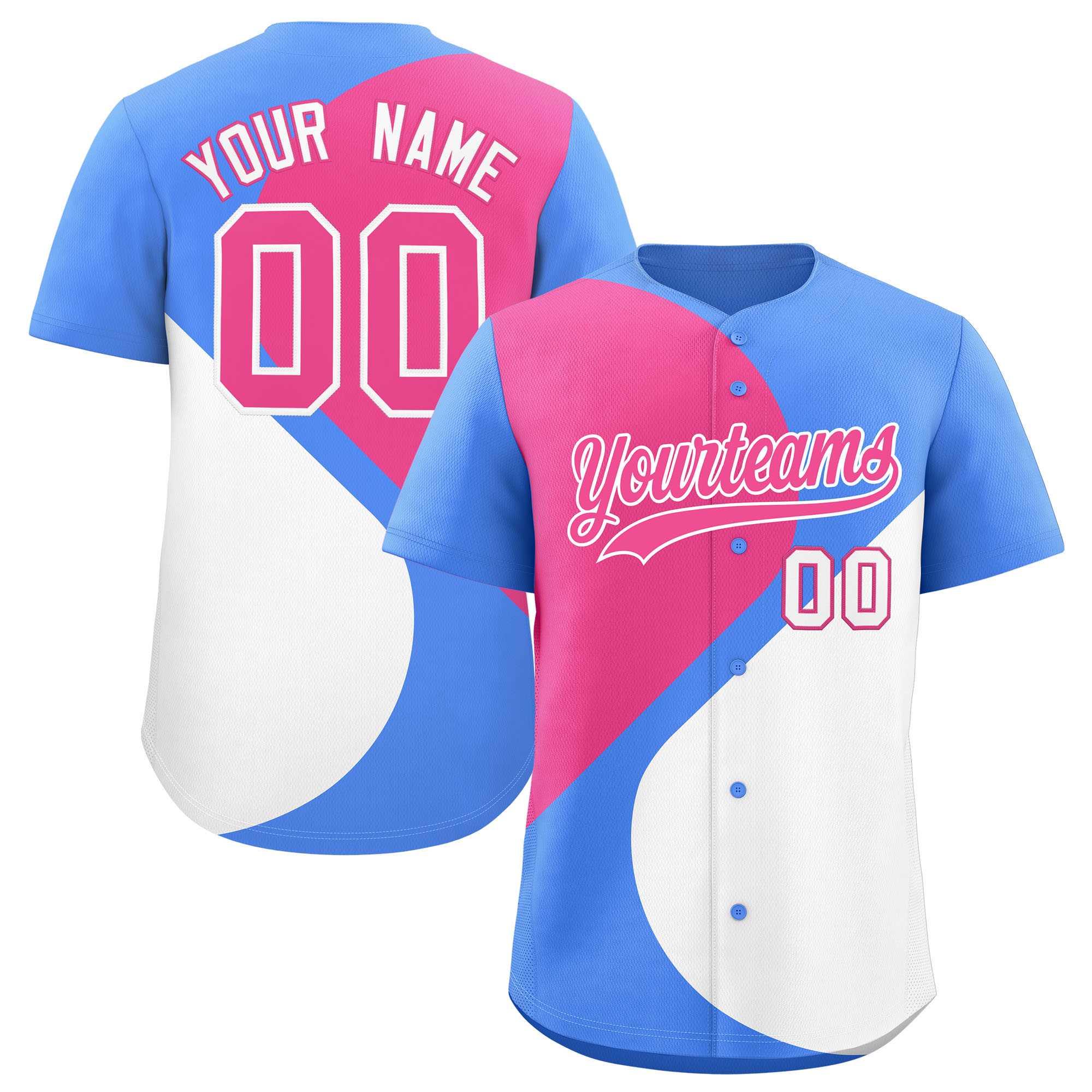 Custom Powder Blue Pink-White Color Block Personalized Half Heart Pattern Authentic Baseball Jersey| KXKSHOP