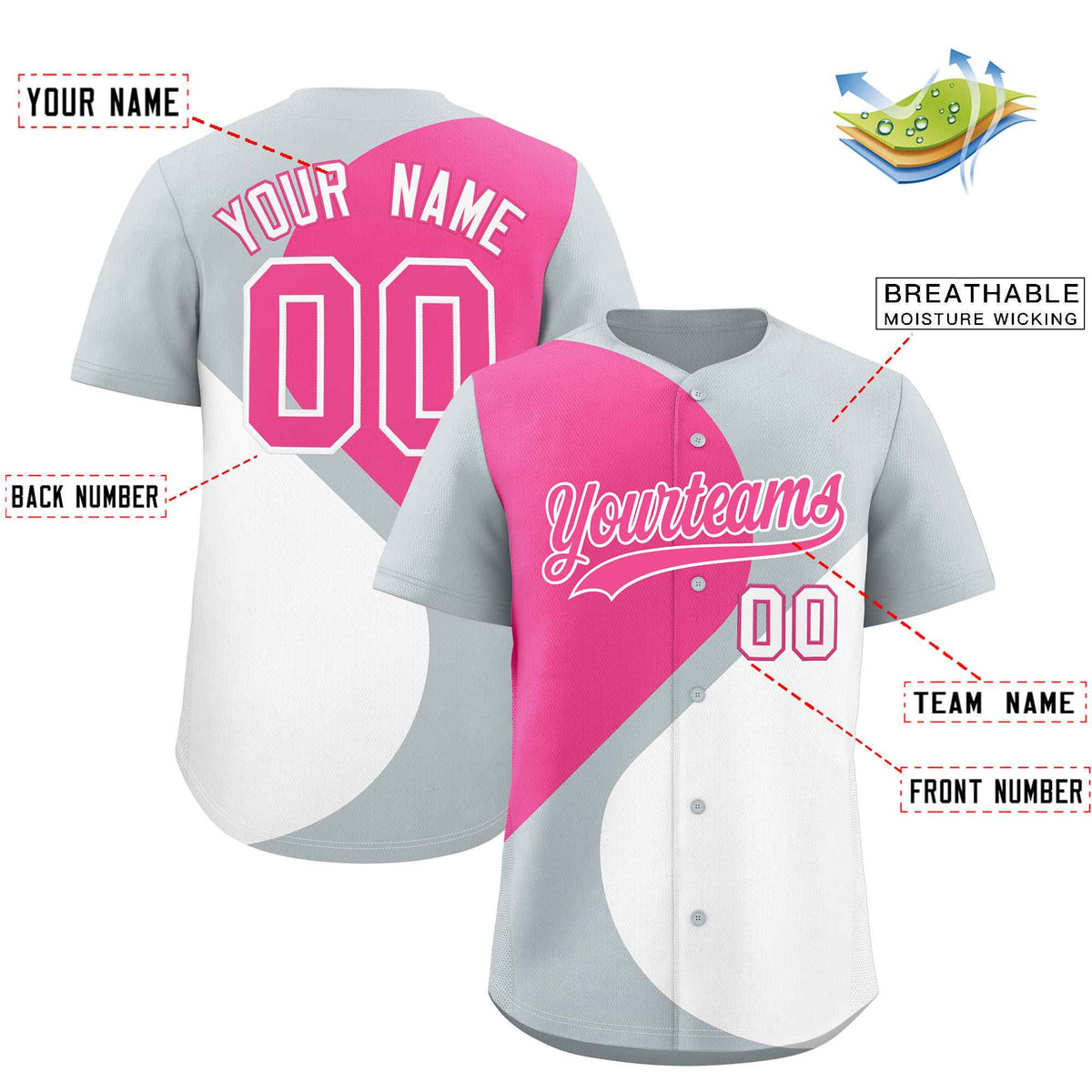 Custom Silver Pink-White Color Block Personalized Half Heart Pattern Authentic Baseball Jersey| KXKSHOP