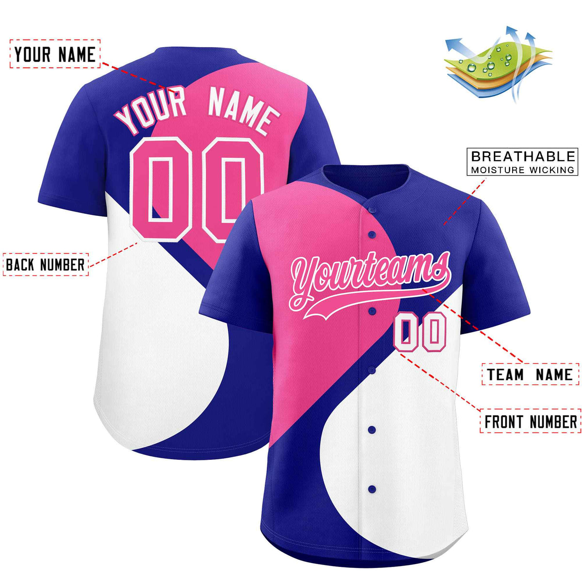 Custom Royal Pink-White Color Block Personalized Half Heart Pattern Authentic Baseball Jersey| KXKSHOP