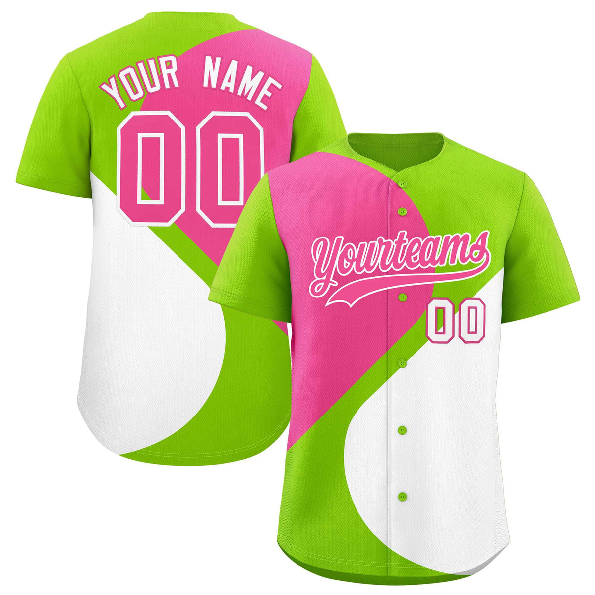 Custom Neon Green Pink-White Color Block Personalized Half Heart Pattern Authentic Baseball Jersey| KXKSHOP