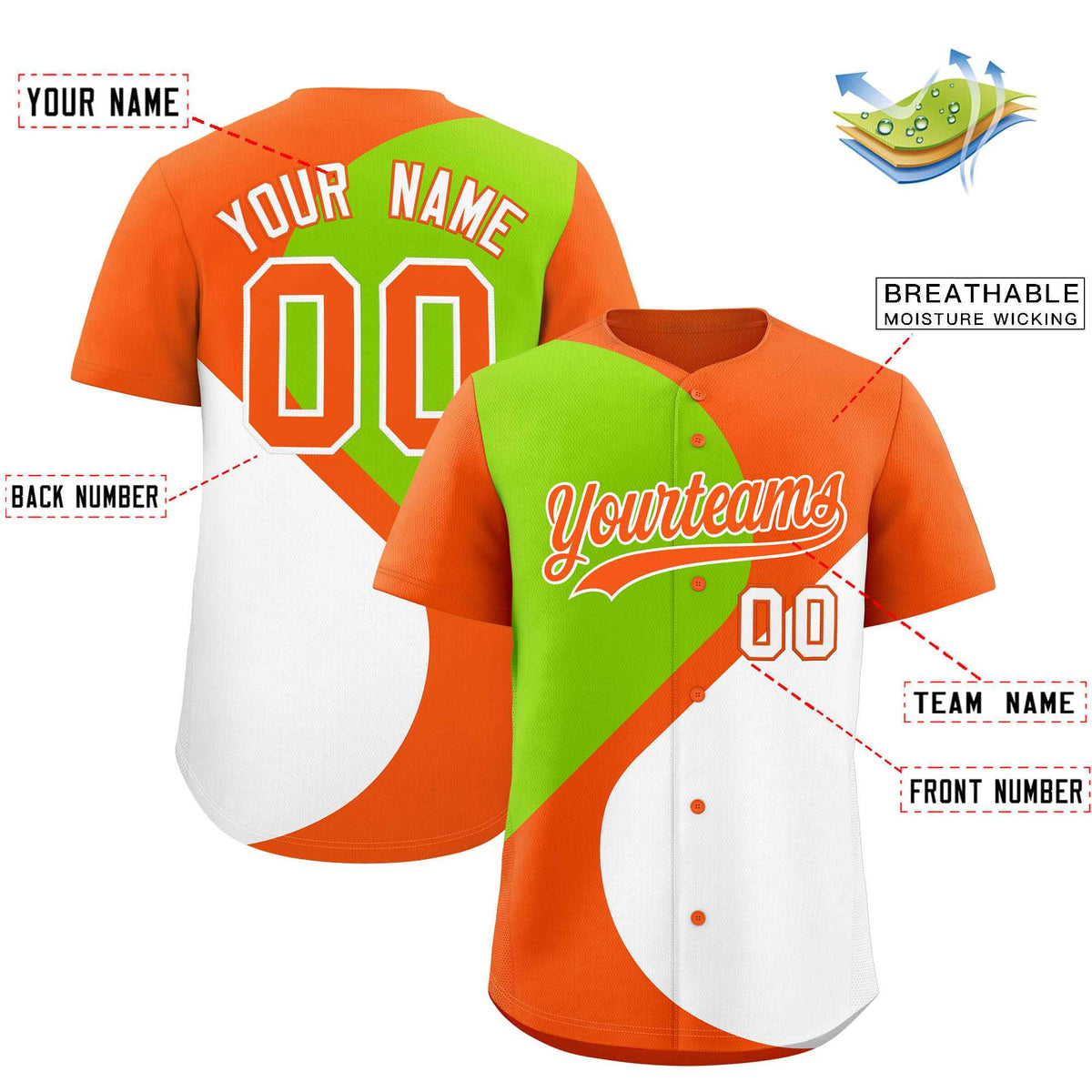 Custom Orange Neon Green-White Color Block Personalized Half Heart Pattern Authentic Baseball Jersey| KXKSHOP