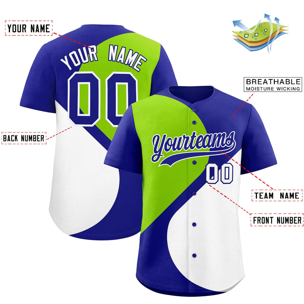 Custom Royal Neon Green-White Color Block Personalized Half Heart Pattern Authentic Baseball Jersey| KXKSHOP
