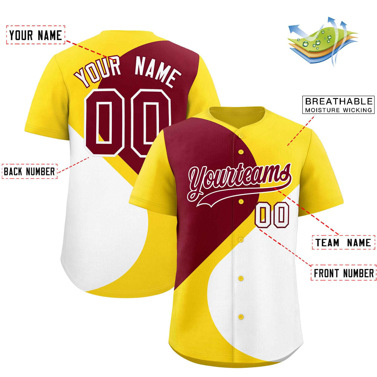 Custom Gold Crimson-White Color Block Personalized Half Heart Pattern Authentic Baseball Jersey| KXKSHOP