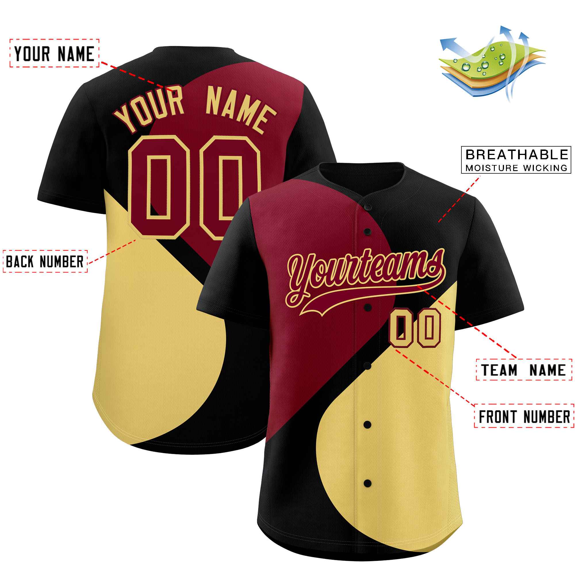 Custom Black Crimson-Khaki Color Block Personalized Half Heart Pattern Authentic Baseball Jersey| KXKSHOP