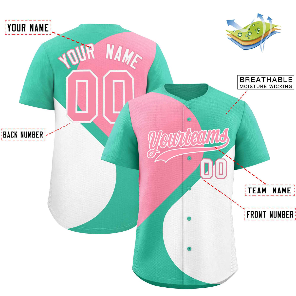 Custom Bright Green Light Pink-White Color Block Personalized Half Heart Pattern Authentic Baseball Jersey| KXKSHOP