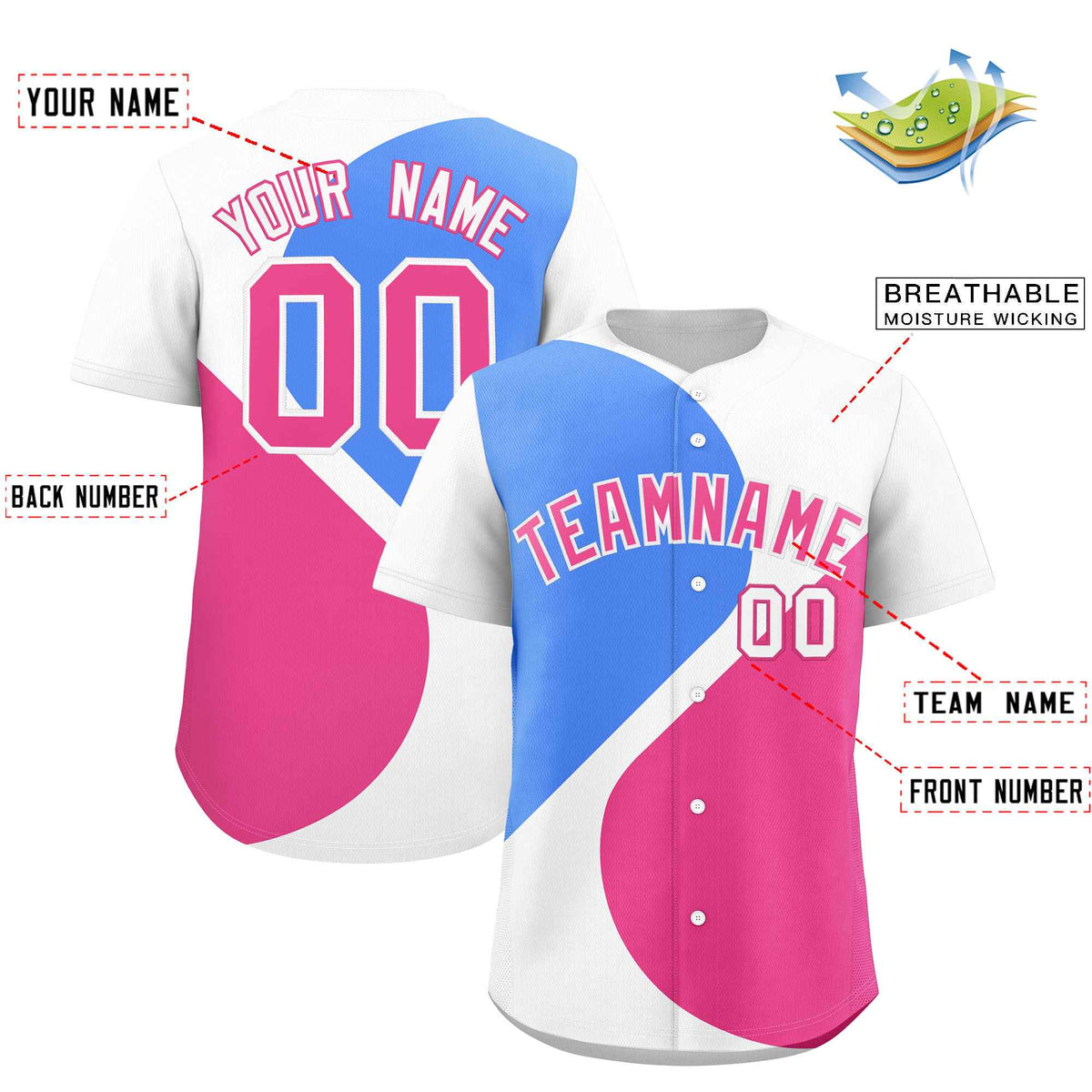 Custom White Powder Blue-Pink Color Block Personalized Half Heart Pattern Authentic Baseball Jersey| KXKSHOP