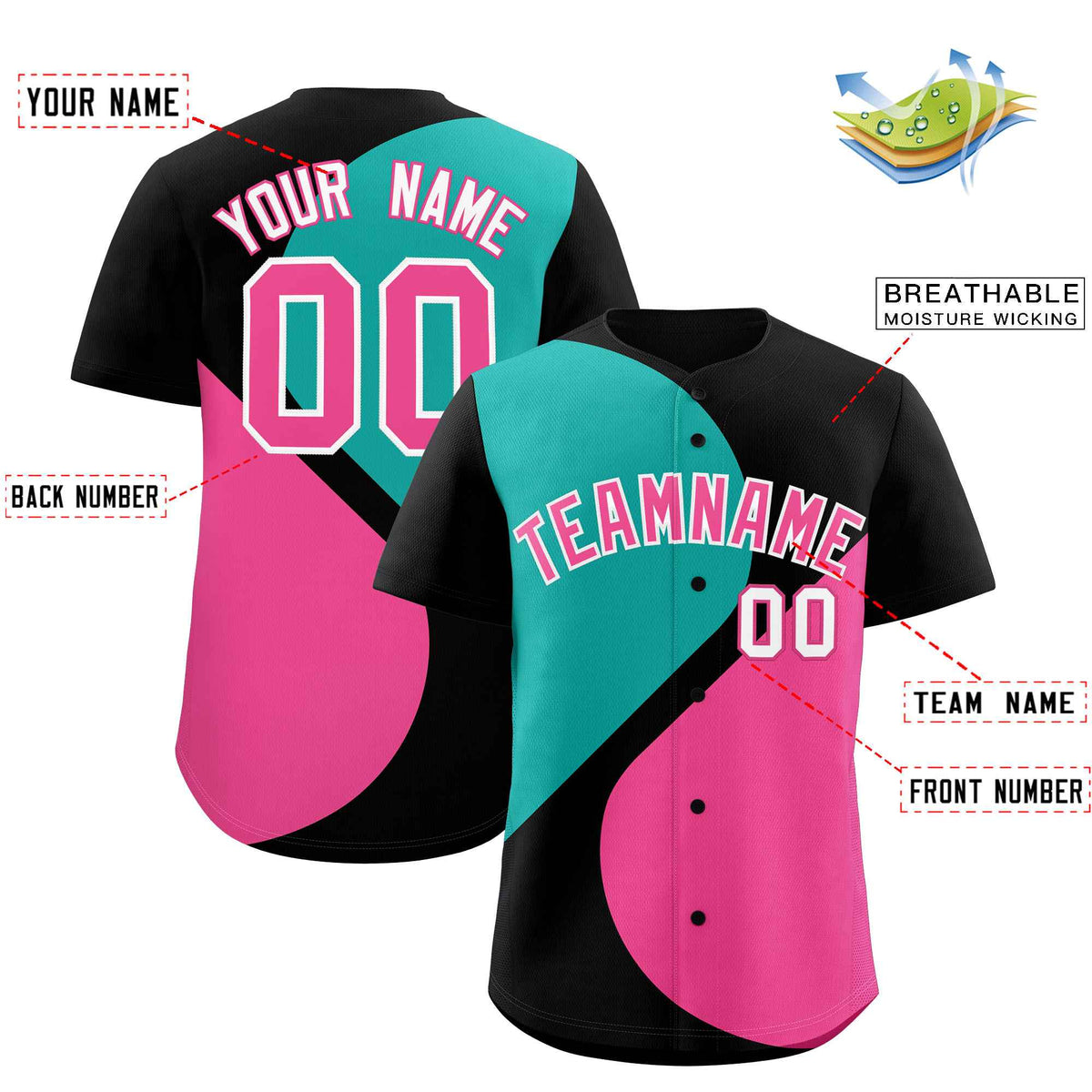 Custom Black Aqua-Pink Color Block Personalized Half Heart Pattern Authentic Baseball Jersey| KXKSHOP