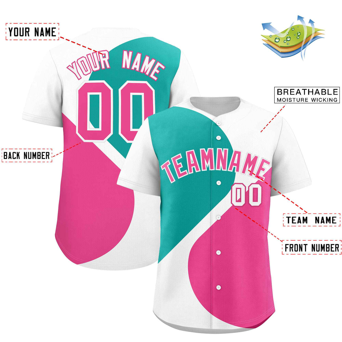 Custom White Aqua-Pink Color Block Personalized Half Heart Pattern Authentic Baseball Jersey| KXKSHOP
