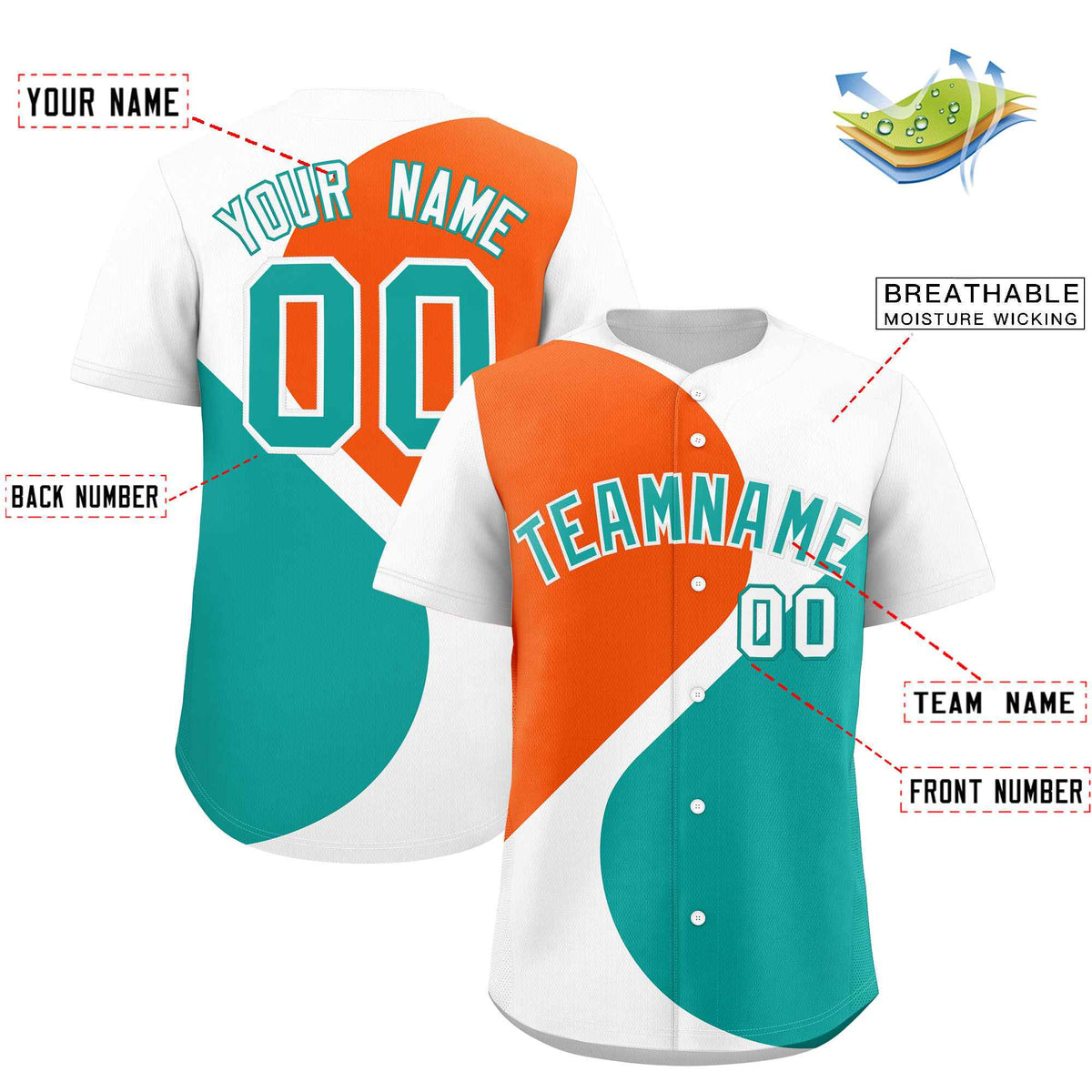 Custom White Orange-Aqua Color Block Personalized Half Heart Pattern Authentic Baseball Jersey| KXKSHOP