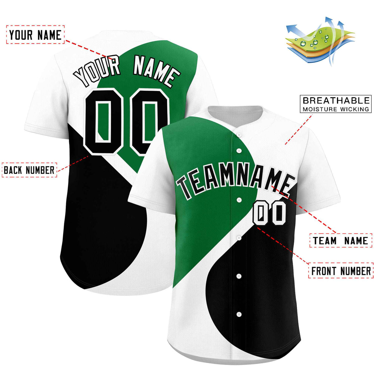 Custom White Kelly Green-Black Color Block Personalized Half Heart Pattern Authentic Baseball Jersey| KXKSHOP