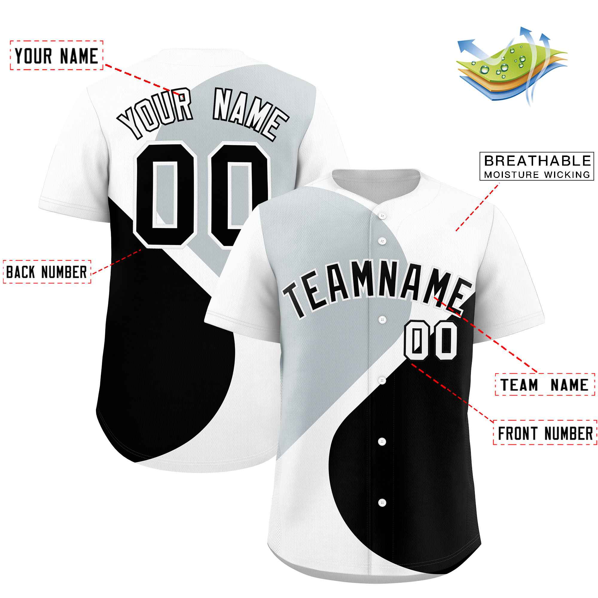 Custom White Silver-Black Color Block Personalized Half Heart Pattern Authentic Baseball Jersey| KXKSHOP
