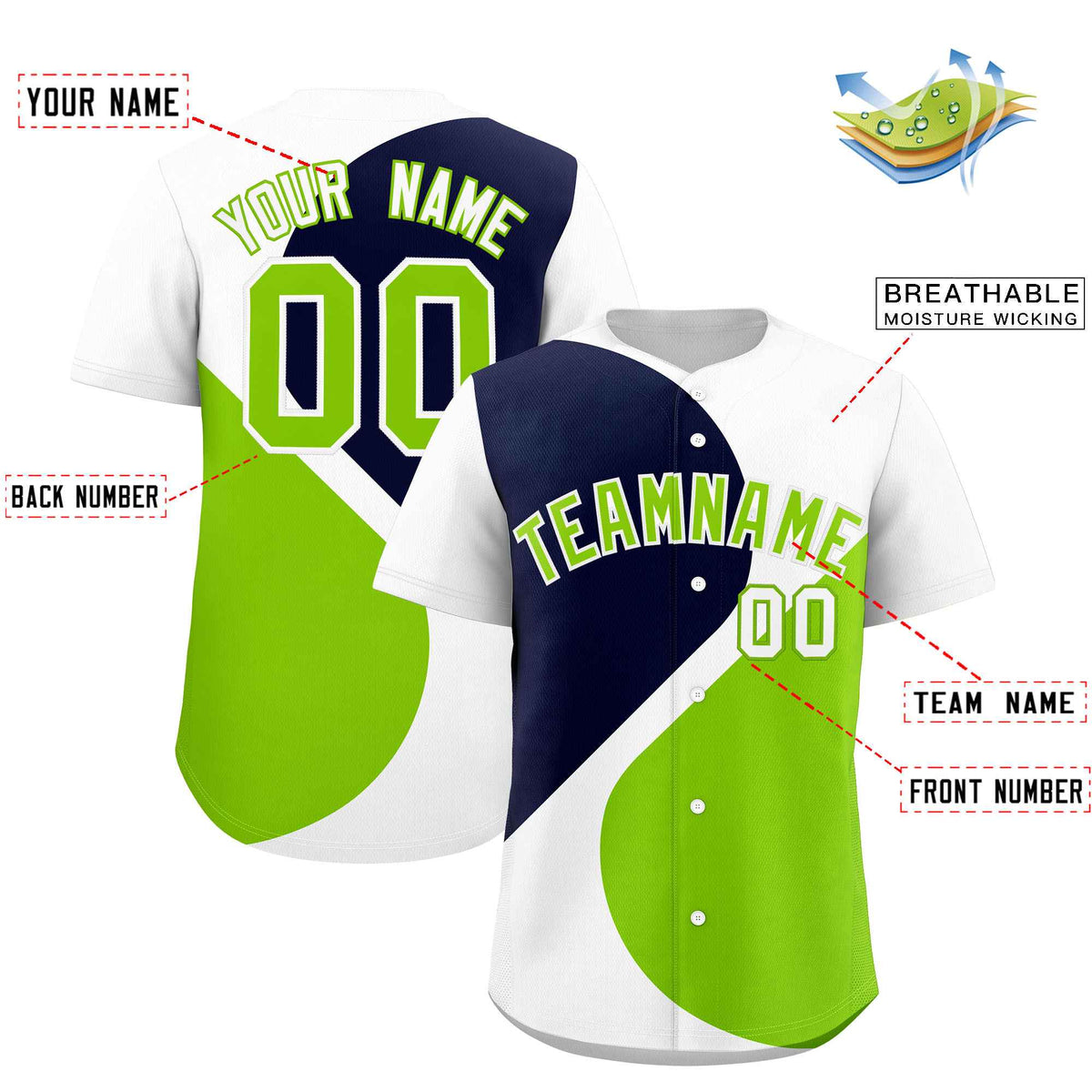 Custom White Navy-Neon Green Color Block Personalized Half Heart Pattern Authentic Baseball Jersey| KXKSHOP