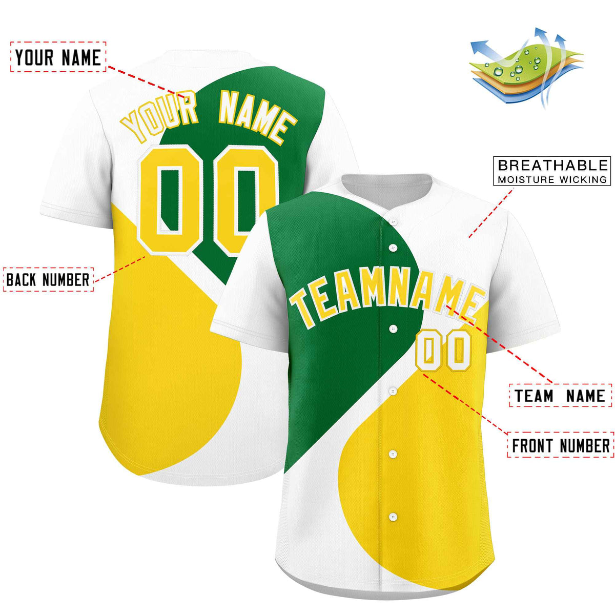 Custom White Kelly Green-Gold Color Block Personalized Half Heart Pattern Authentic Baseball Jersey| KXKSHOP