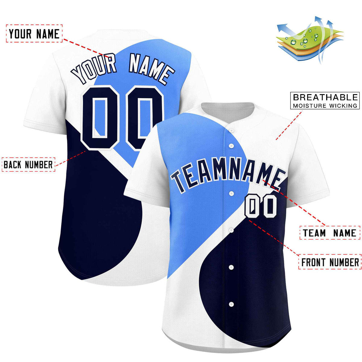 Custom White Powder Blue-Navy Color Block Personalized Half Heart Pattern Authentic Baseball Jersey| KXKSHOP