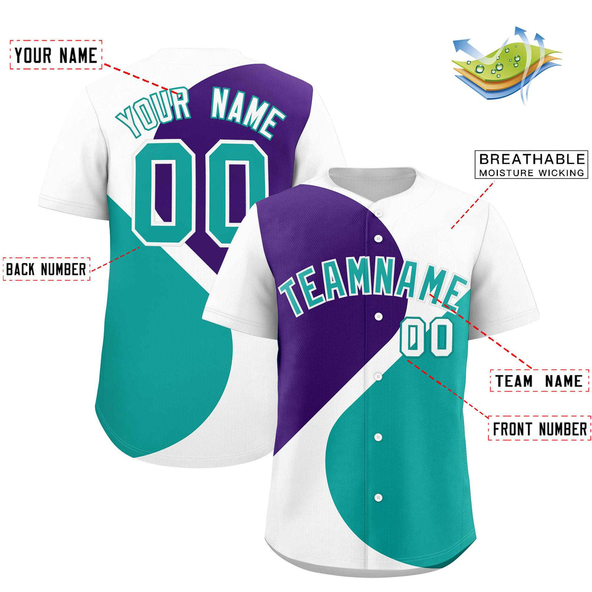 Custom White Purple-Aqua Color Block Personalized Half Heart Pattern Authentic Baseball Jersey| KXKSHOP