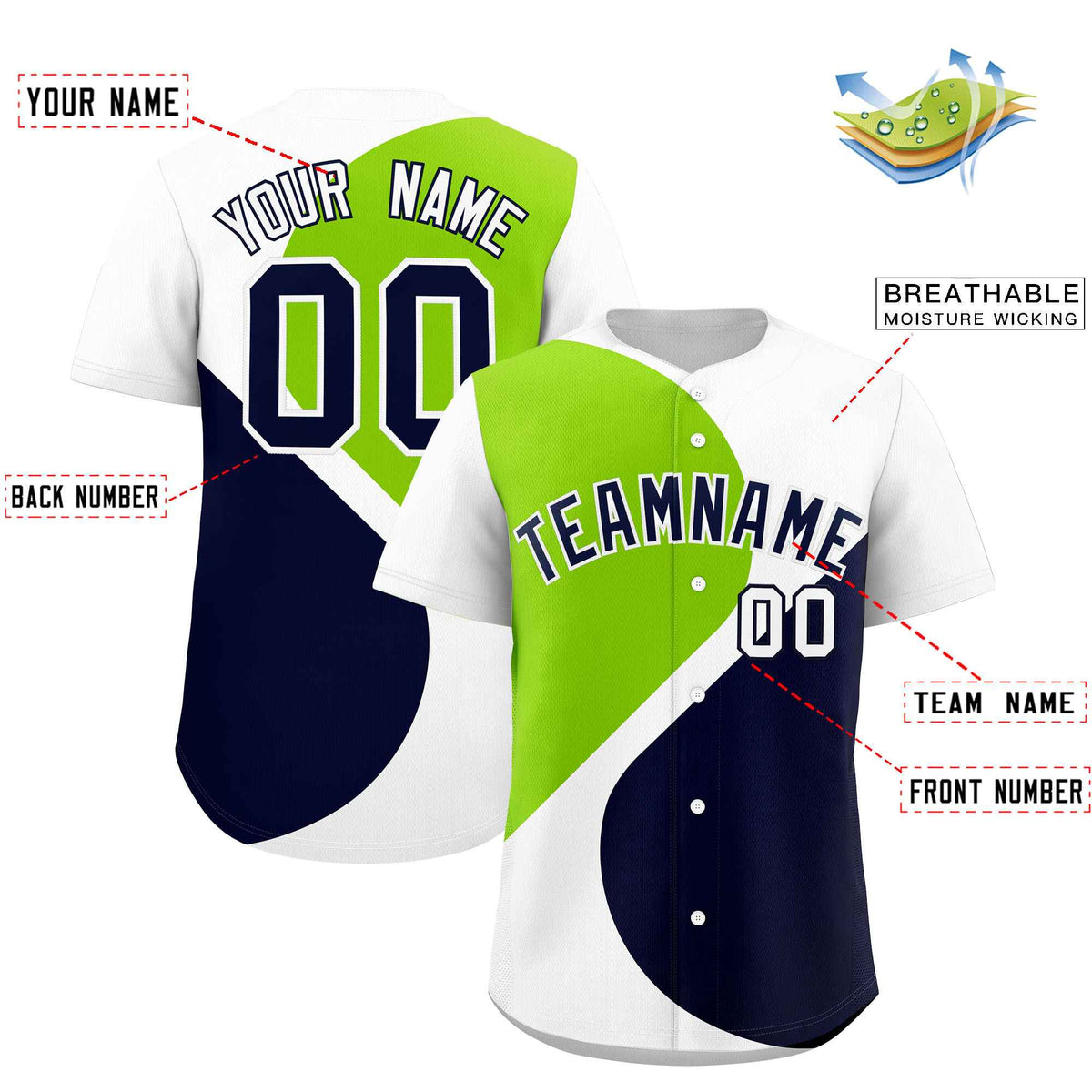 Custom White Neon Green-Navy Color Block Personalized Half Heart Pattern Authentic Baseball Jersey| KXKSHOP