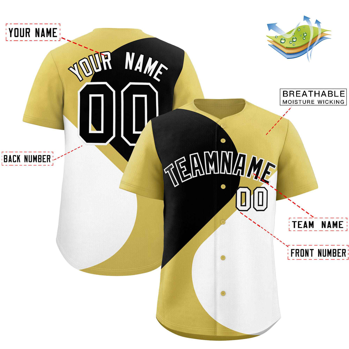 Custom Old Gold Black-White Color Block Personalized Half Heart Pattern Authentic Baseball Jersey| KXKSHOP