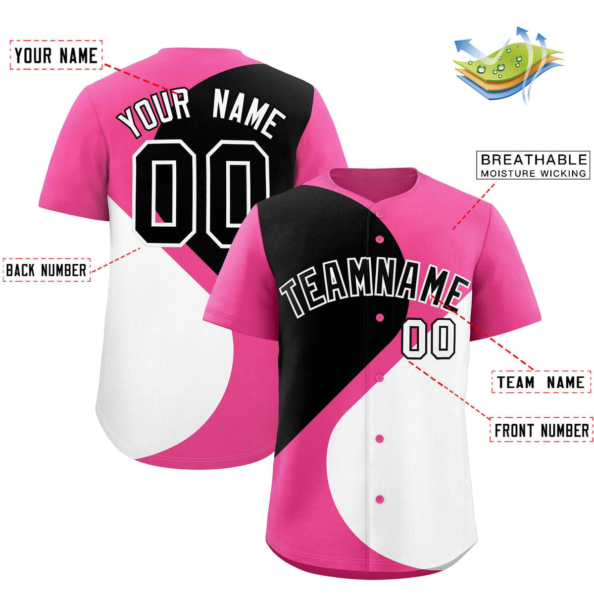 Custom Pink Black-White Color Block Personalized Half Heart Pattern Authentic Baseball Jersey| KXKSHOP