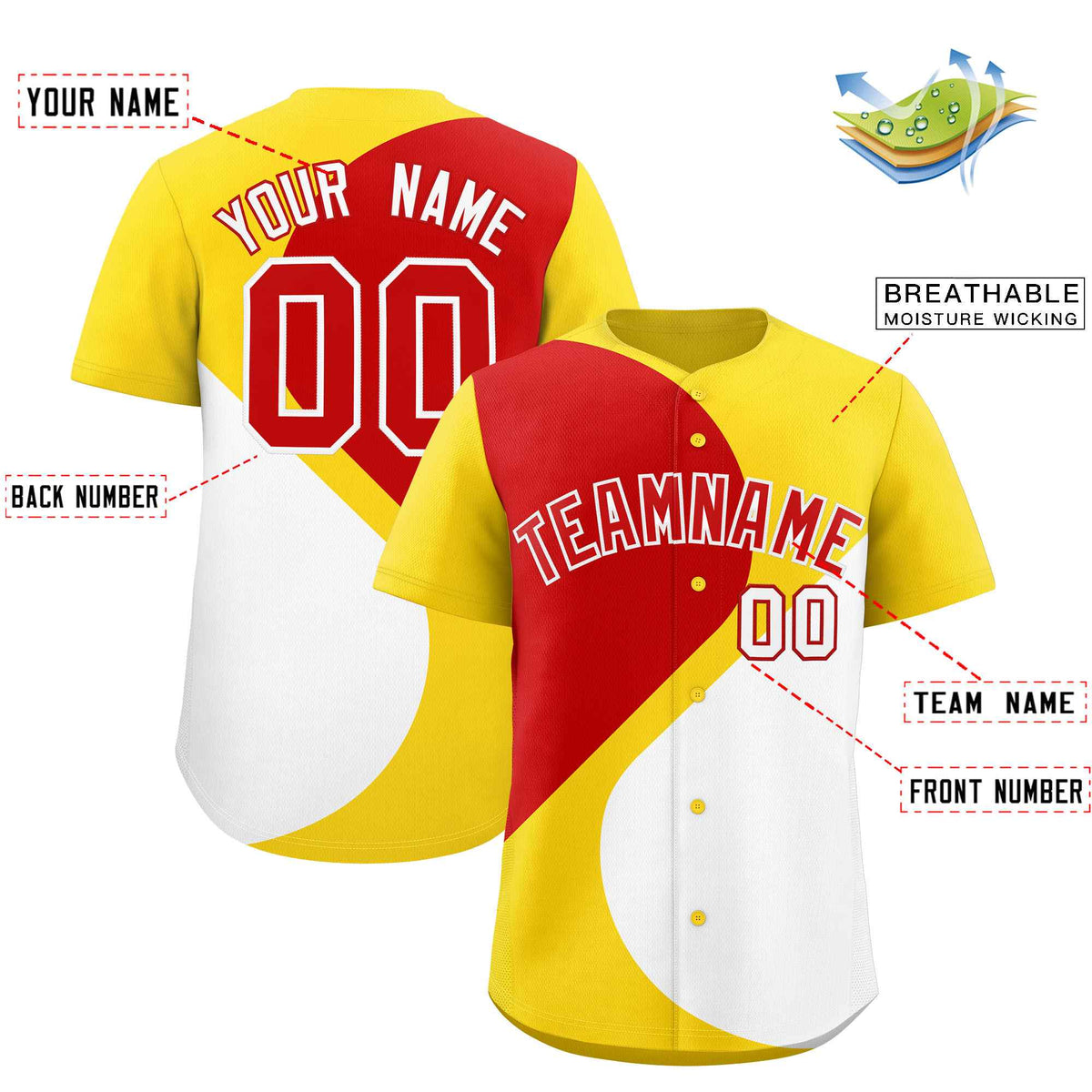 Custom Gold Red-White Color Block Personalized Half Heart Pattern Authentic Baseball Jersey| KXKSHOP